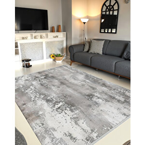 Soyut Desenli Modern Halı – Gri, Beyaz Ve Antrasit – Beton Görünümlü Minimal Tasarım, Makinede Yıkanabilir, Pamuk Taban, Toz Ve Tüy Tutmaz, Robot Süpürge Uyumlu 180x270 cm