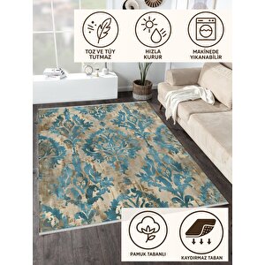 Vintage Barok Halı – Mavi Ve Bej – Eskitme Damask Desenli Şık Tasarım