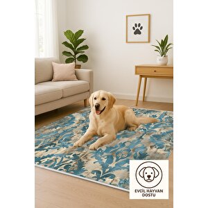 Vintage Barok Halı – Mavi Ve Bej – Eskitme Damask Desenli Şık Tasarım