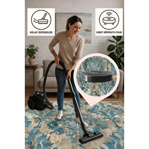 Vintage Barok Halı – Mavi Ve Bej – Eskitme Damask Desenli Şık Tasarım