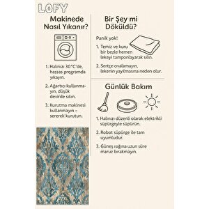 Vintage Barok Halı – Mavi Ve Bej – Eskitme Damask Desenli Şık Tasarım