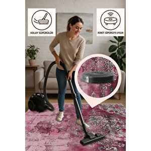 Vintage Gül Kurusu Halı – Eskitilmiş Barok Desen – Pamuk Taban, Makinede Yıkanabilir, Tüy Tutmaz