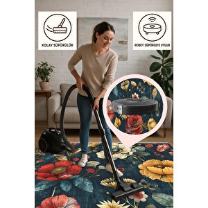 Halı – Kırmızı; Sarı; Yeşil; Lacivert – Çiçekli Desen, Pamuk Dokuma Taban, Makinede Yıkanabilir, Kolay Temizlenebilir, Toz Ve Tüy Tutmaz, Kaymaz, Evcil Hayvan Dostu