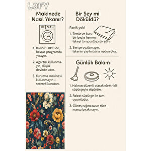 Halı – Kırmızı; Sarı; Yeşil; Lacivert – Çiçekli Desen, Pamuk Dokuma Taban, Makinede Yıkanabilir, Kolay Temizlenebilir, Toz Ve Tüy Tutmaz, Kaymaz, Evcil Hayvan Dostu