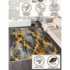Soyut Desenli Modern Halı – Sarı Ve Siyah Tonlar – Cesur Kontrastlar, Makinede Yıkanabilir, Kaymaz Taban, Toz Tutmaz, Evcil Hayvan Dostu