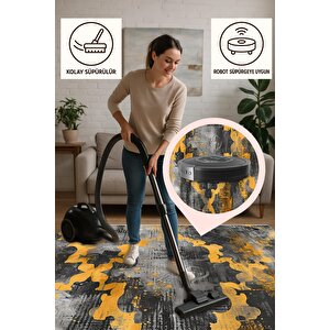Soyut Desenli Modern Halı – Sarı Ve Siyah Tonlar – Cesur Kontrastlar, Makinede Yıkanabilir, Kaymaz Taban, Toz Tutmaz, Evcil Hayvan Dostu