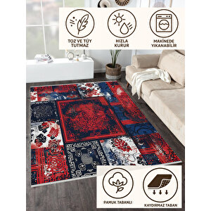 Halı – Lacivert; Kırmızı; Beyaz – Patchwork Desen, Pamuk Dokuma Taban, Makinede Yıkanabilir, Kolay Temizlenebilir, Toz Ve Tüy Tutmaz, Kaymaz, Evcil Hayvan Dostu