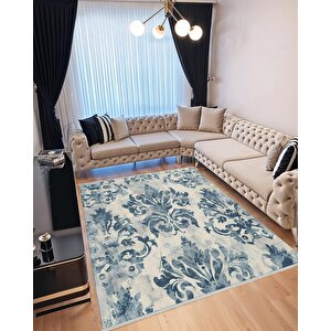 Barok Desenli Halı – Mavi Ve Krem – Klasik Ve Zarif Çiçek Motifleri, Makinede Yıkanabilir, Kaymaz Ve İnce Tabanlı 120x270 cm