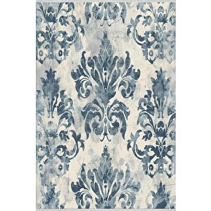 Barok Desenli Halı – Mavi Ve Krem – Klasik Ve Zarif Çiçek Motifleri, Makinede Yıkanabilir, Kaymaz Ve İnce Tabanlı 120x270 cm