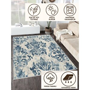 Barok Desenli Halı – Mavi Ve Krem – Klasik Ve Zarif Çiçek Motifleri, Makinede Yıkanabilir, Kaymaz Ve İnce Tabanlı 120x270 cm