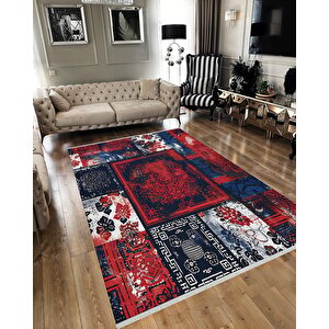 Halı – Lacivert; Kırmızı; Beyaz – Patchwork Desen, Pamuk Dokuma Taban, Makinede Yıkanabilir, Kolay Temizlenebilir, Toz Ve Tüy Tutmaz, Kaymaz, Evcil Hayvan Dostu 100x100 cm