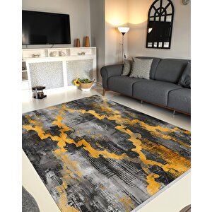 Soyut Desenli Modern Halı – Sarı Ve Siyah Tonlar – Cesur Kontrastlar, Makinede Yıkanabilir, Kaymaz Taban, Toz Tutmaz, Evcil Hayvan Dostu 160x180 cm