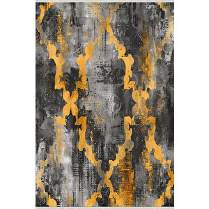 Soyut Desenli Modern Halı – Sarı Ve Siyah Tonlar – Cesur Kontrastlar, Makinede Yıkanabilir, Kaymaz Taban, Toz Tutmaz, Evcil Hayvan Dostu 160x180 cm