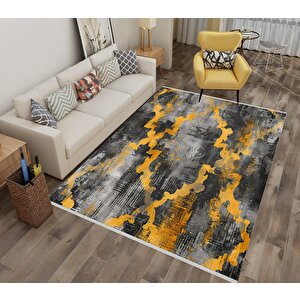 Soyut Desenli Modern Halı – Sarı Ve Siyah Tonlar – Cesur Kontrastlar, Makinede Yıkanabilir, Kaymaz Taban, Toz Tutmaz, Evcil Hayvan Dostu 160x180 cm