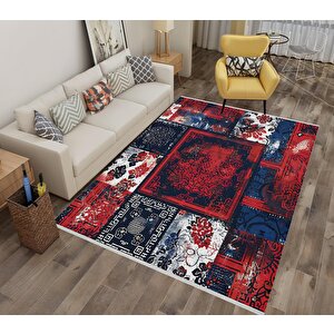 Halı – Lacivert; Kırmızı; Beyaz – Patchwork Desen, Pamuk Dokuma Taban, Makinede Yıkanabilir, Kolay Temizlenebilir, Toz Ve Tüy Tutmaz, Kaymaz, Evcil Hayvan Dostu 150x300 cm