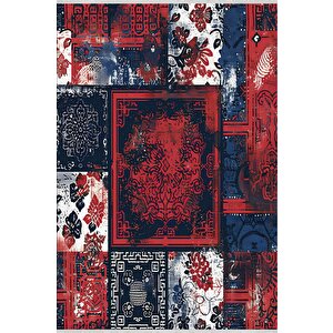 Halı – Lacivert; Kırmızı; Beyaz – Patchwork Desen, Pamuk Dokuma Taban, Makinede Yıkanabilir, Kolay Temizlenebilir, Toz Ve Tüy Tutmaz, Kaymaz, Evcil Hayvan Dostu 150x300 cm