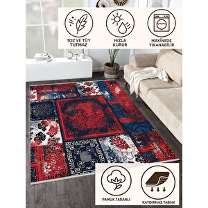 Halı – Lacivert; Kırmızı; Beyaz – Patchwork Desen, Pamuk Dokuma Taban, Makinede Yıkanabilir, Kolay Temizlenebilir, Toz Ve Tüy Tutmaz, Kaymaz, Evcil Hayvan Dostu
