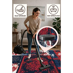 Halı – Lacivert; Kırmızı; Beyaz – Patchwork Desen, Pamuk Dokuma Taban, Makinede Yıkanabilir, Kolay Temizlenebilir, Toz Ve Tüy Tutmaz, Kaymaz, Evcil Hayvan Dostu