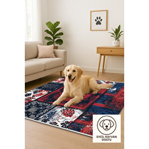 Halı – Lacivert; Kırmızı; Beyaz – Patchwork Desen, Pamuk Dokuma Taban, Makinede Yıkanabilir, Kolay Temizlenebilir, Toz Ve Tüy Tutmaz, Kaymaz, Evcil Hayvan Dostu