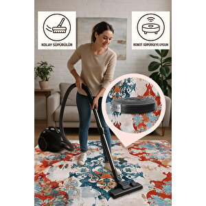 Oriental Desenli Halı – Kırmızı, Mavi Ve Krem – Çarpıcı Renk Uyumu Ile Geleneksel Şıklık, Makinede Yıkanabilir, Kaymaz Taban, Evcil Hayvan Dostu