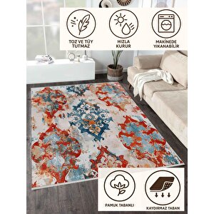 Oriental Desenli Halı – Kırmızı, Mavi Ve Krem – Çarpıcı Renk Uyumu Ile Geleneksel Şıklık, Makinede Yıkanabilir, Kaymaz Taban, Evcil Hayvan Dostu