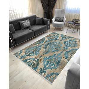 Vintage Barok Halı – Mavi Ve Bej – Eskitme Damask Desenli Şık Tasarım