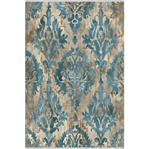 Vintage Barok Halı – Mavi Ve Bej – Eskitme Damask Desenli Şık Tasarım