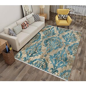 Vintage Barok Halı – Mavi Ve Bej – Eskitme Damask Desenli Şık Tasarım