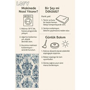 Barok Desenli Halı – Mavi Ve Krem – Klasik Ve Zarif Çiçek Motifleri, Makinede Yıkanabilir, Kaymaz Ve İnce Tabanlı