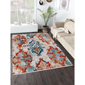 Oriental Desenli Halı – Kırmızı, Mavi Ve Krem – Çarpıcı Renk Uyumu Ile Geleneksel Şıklık, Makinede Yıkanabilir, Kaymaz Taban, Evcil Hayvan Dostu 150x150 cm