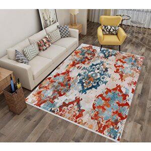 Oriental Desenli Halı – Kırmızı, Mavi Ve Krem – Çarpıcı Renk Uyumu Ile Geleneksel Şıklık, Makinede Yıkanabilir, Kaymaz Taban, Evcil Hayvan Dostu 150x150 cm
