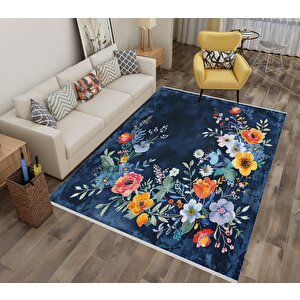Halı – Lacivert; Kırmızı; Sarı; Beyaz – Çiçekli Desen, Pamuk Dokuma Taban, Makinede Yıkanabilir, Kolay Temizlenebilir, Toz Ve Tüy Tutmaz, Kaymaz, Evcil Hayvan Dostu 180x270 cm