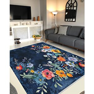 Halı – Lacivert; Kırmızı; Sarı; Beyaz – Çiçekli Desen, Pamuk Dokuma Taban, Makinede Yıkanabilir, Kolay Temizlenebilir, Toz Ve Tüy Tutmaz, Kaymaz, Evcil Hayvan Dostu 180x270 cm