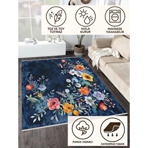 Halı – Lacivert; Kırmızı; Sarı; Beyaz – Çiçekli Desen, Pamuk Dokuma Taban, Makinede Yıkanabilir, Kolay Temizlenebilir, Toz Ve Tüy Tutmaz, Kaymaz, Evcil Hayvan Dostu