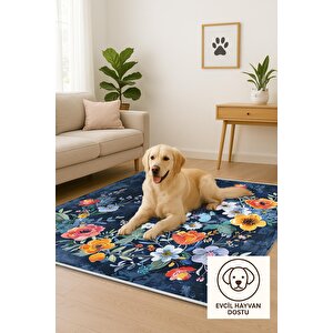 Halı – Lacivert; Kırmızı; Sarı; Beyaz – Çiçekli Desen, Pamuk Dokuma Taban, Makinede Yıkanabilir, Kolay Temizlenebilir, Toz Ve Tüy Tutmaz, Kaymaz, Evcil Hayvan Dostu