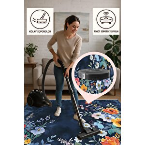 Halı – Lacivert; Kırmızı; Sarı; Beyaz – Çiçekli Desen, Pamuk Dokuma Taban, Makinede Yıkanabilir, Kolay Temizlenebilir, Toz Ve Tüy Tutmaz, Kaymaz, Evcil Hayvan Dostu