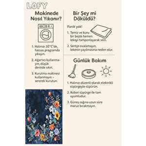 Halı – Lacivert; Kırmızı; Sarı; Beyaz – Çiçekli Desen, Pamuk Dokuma Taban, Makinede Yıkanabilir, Kolay Temizlenebilir, Toz Ve Tüy Tutmaz, Kaymaz, Evcil Hayvan Dostu
