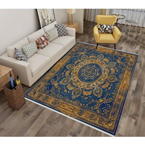 Halı – Mavi; Sarı – Oriental Desen, Pamuk Dokuma Taban, Makinede Yıkanabilir, Kolay Temizlenebilir, Toz Ve Tüy Tutmaz, Kaymaz, Evcil Hayvan Dostu 180x200 cm