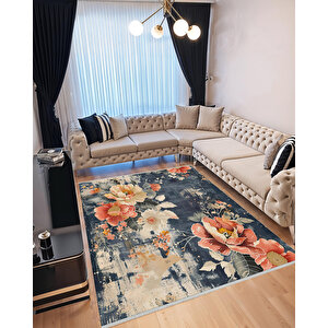 Modern Çiçek Desenli Halı – Lacivert, Krem Ve Mercan Tonları – Estetik Dokunuş, Yumuşak Doku, Makinede Yıkanabilir, Kaymaz Ve İnce Tabanlı 120x270 cm