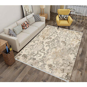 Damask Desenli Halı – Bej Ve Gri – Klasik Ve Modernin Zarif Uyumu, Makinede Yıkanabilir, Kaymaz Taban, Toz Ve Tüy Tutmaz 150x240 cm