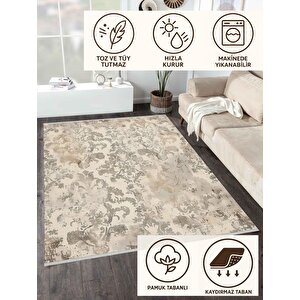 Damask Desenli Halı – Bej Ve Gri – Klasik Ve Modernin Zarif Uyumu, Makinede Yıkanabilir, Kaymaz Taban, Toz Ve Tüy Tutmaz