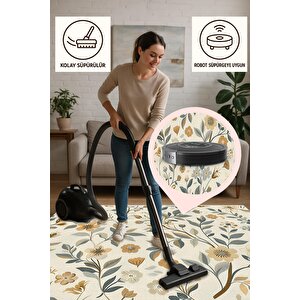 Floral Desenli Halı – Sarı, Yeşil Ve Krem – Canlı Çiçek Motifleriyle Doğadan İlham Alan Zarif Tasarım, Makinede Yıkanabilir, Pamuk Dokuma Taban, Evcil Hayvan Dostu, Toz Ve Tüy Tutmaz, Robot Süpürge Uyumlu