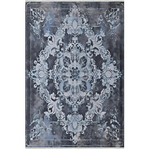 Lacivert Ve Buz Mavisi Renkli Halı, Damask Desenli, Yıkanabilir Ve Evcil Hayvan Dostu 80x80 cm