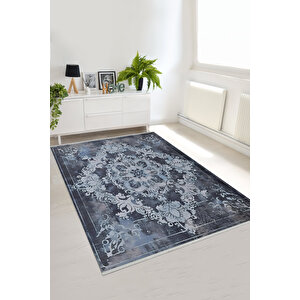 Lacivert Ve Buz Mavisi Renkli Halı, Damask Desenli, Yıkanabilir Ve Evcil Hayvan Dostu 80x80 cm