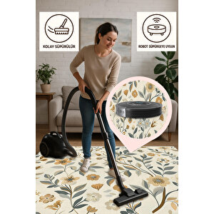 Floral Desenli Halı – Sarı, Yeşil Ve Krem – Canlı Çiçek Motifleriyle Doğadan İlham Alan Zarif Tasarım, Makinede Yıkanabilir, Pamuk Dokuma Taban, Evcil Hayvan Dostu, Toz Ve Tüy Tutmaz, Robot Süpürge Uyumlu