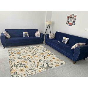 Floral Desenli Halı – Sarı, Yeşil Ve Krem – Canlı Çiçek Motifleriyle Doğadan İlham Alan Zarif Tasarım, Makinede Yıkanabilir, Pamuk Dokuma Taban, Evcil Hayvan Dostu, Toz Ve Tüy Tutmaz, Robot Süpürge Uyumlu