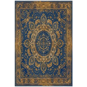 Halı – Mavi; Sarı – Oriental Desen, Pamuk Dokuma Taban, Makinede Yıkanabilir, Kolay Temizlenebilir, Toz Ve Tüy Tutmaz, Kaymaz, Evcil Hayvan Dostu