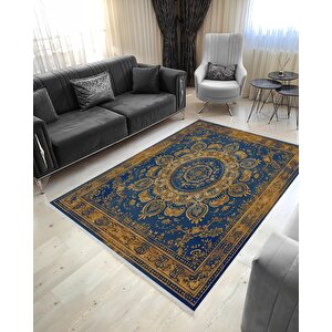 Halı – Mavi; Sarı – Oriental Desen, Pamuk Dokuma Taban, Makinede Yıkanabilir, Kolay Temizlenebilir, Toz Ve Tüy Tutmaz, Kaymaz, Evcil Hayvan Dostu