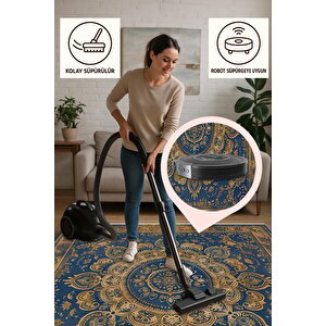 Halı – Mavi; Sarı – Oriental Desen, Pamuk Dokuma Taban, Makinede Yıkanabilir, Kolay Temizlenebilir, Toz Ve Tüy Tutmaz, Kaymaz, Evcil Hayvan Dostu