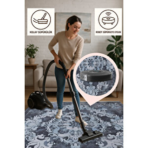 Lacivert Ve Buz Mavisi Renkli Halı, Damask Desenli, Yıkanabilir Ve Evcil Hayvan Dostu